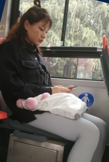 公车上的美女黑色外套配灰色运动裤